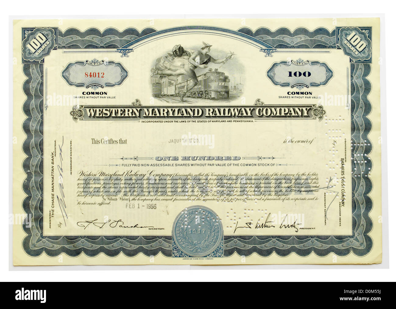 Certificat d'actions de la compagnie de chemin de fer Western Maryland Banque D'Images