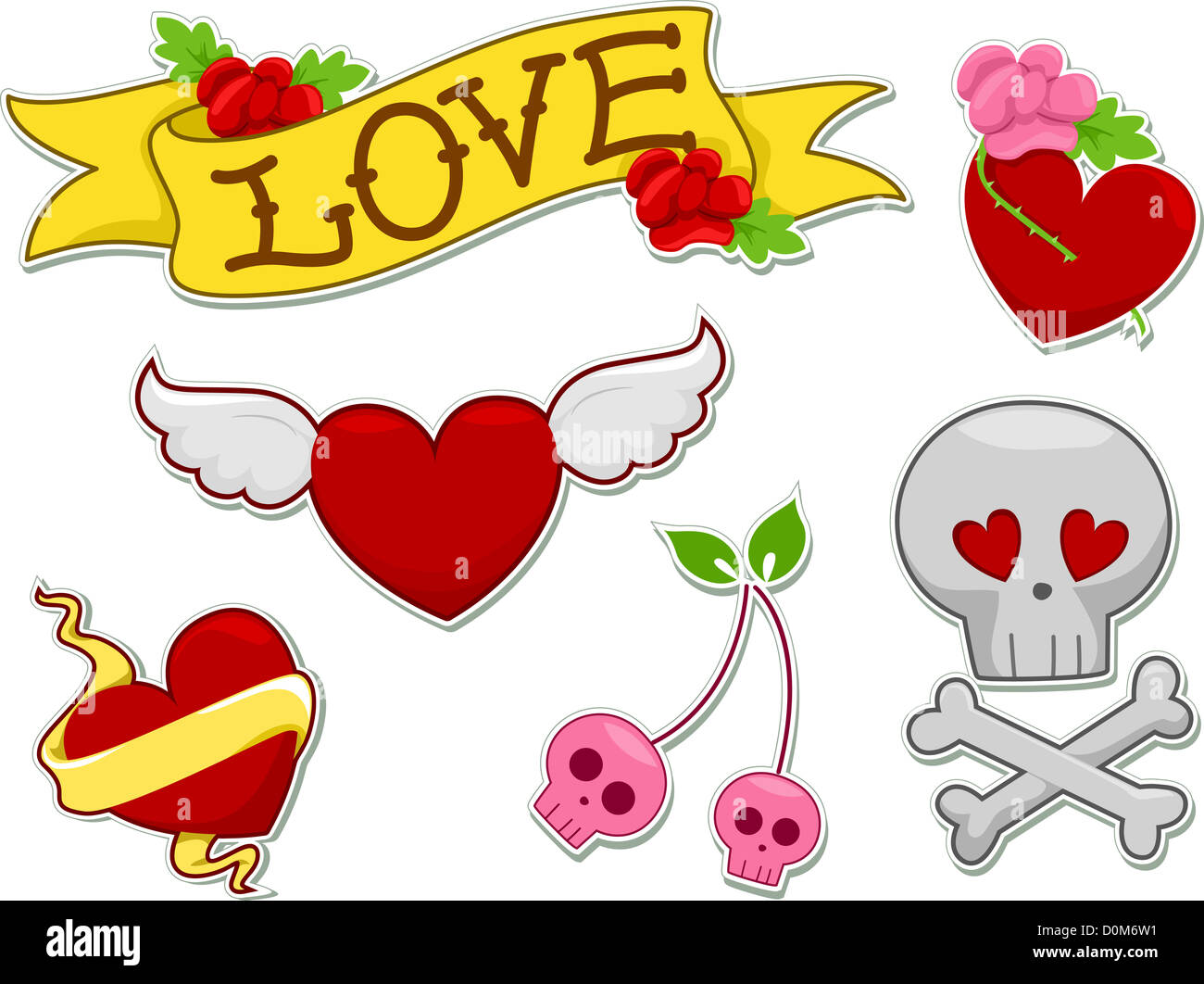 Illustration avec amour tatouages connexes qui peuvent être imprimés que des autocollants Banque D'Images