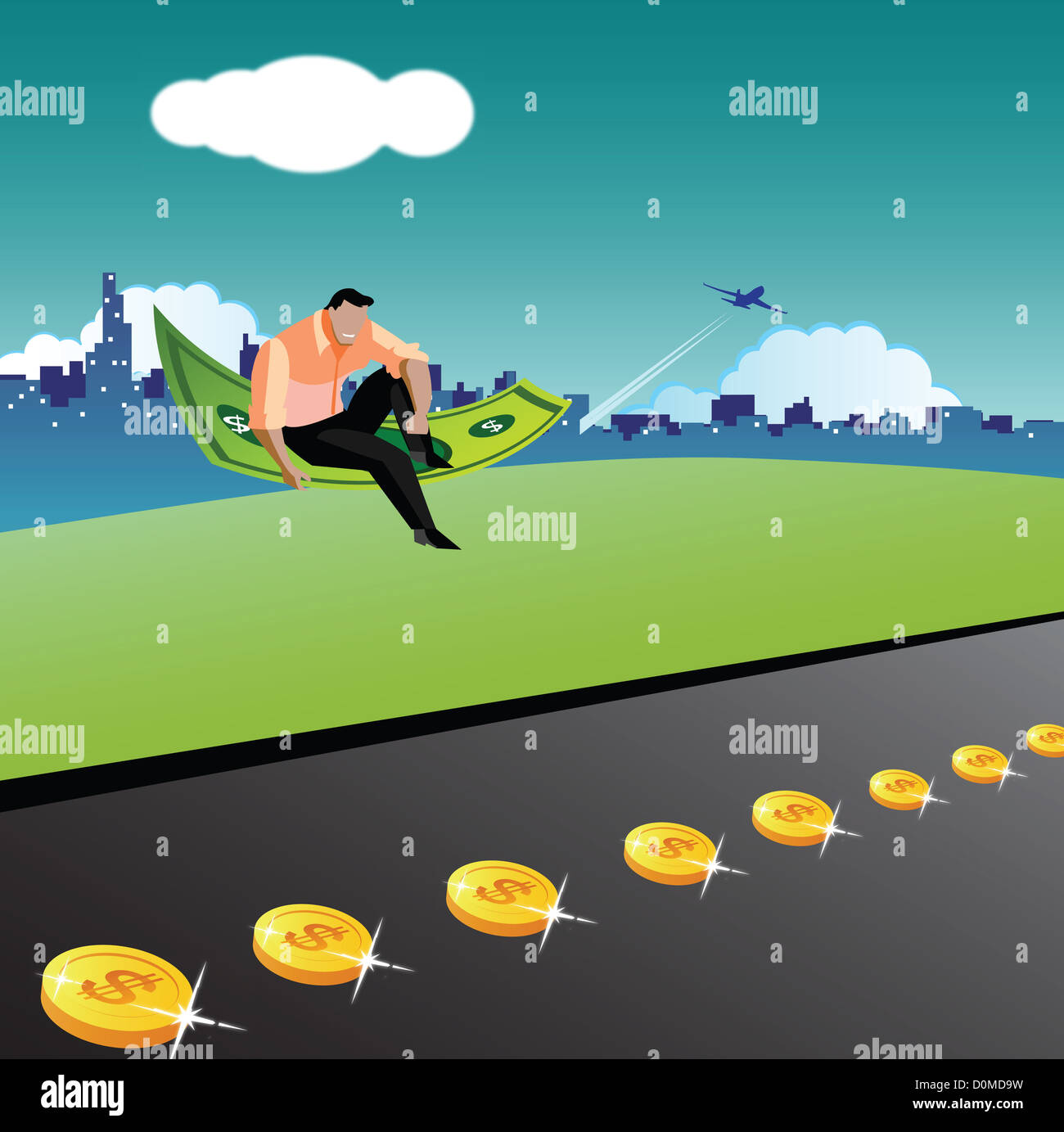 Businessman voler dans un tapis en dollars Banque D'Images