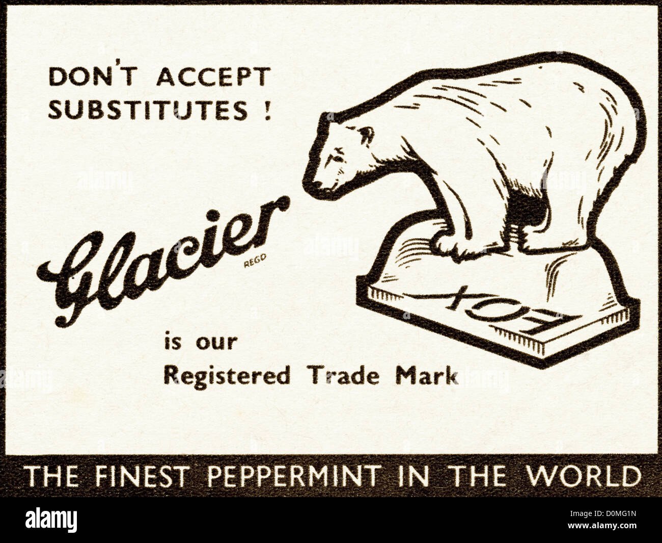 Vintage des années 1950 Publicité imprimée à partir de la revue anglaise menthes Glacier publicité vers 1955 Banque D'Images