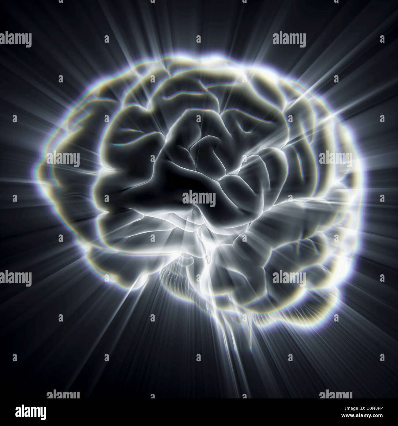 Schéma électrique du cerveau humain émanant faisceaux lumineux. Banque D'Images