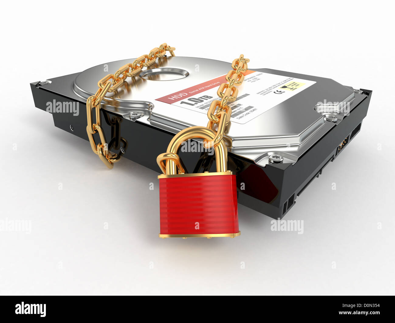 Disque dur protégé. Chaîne et cadenas sur disque dur. 3d Banque D'Images