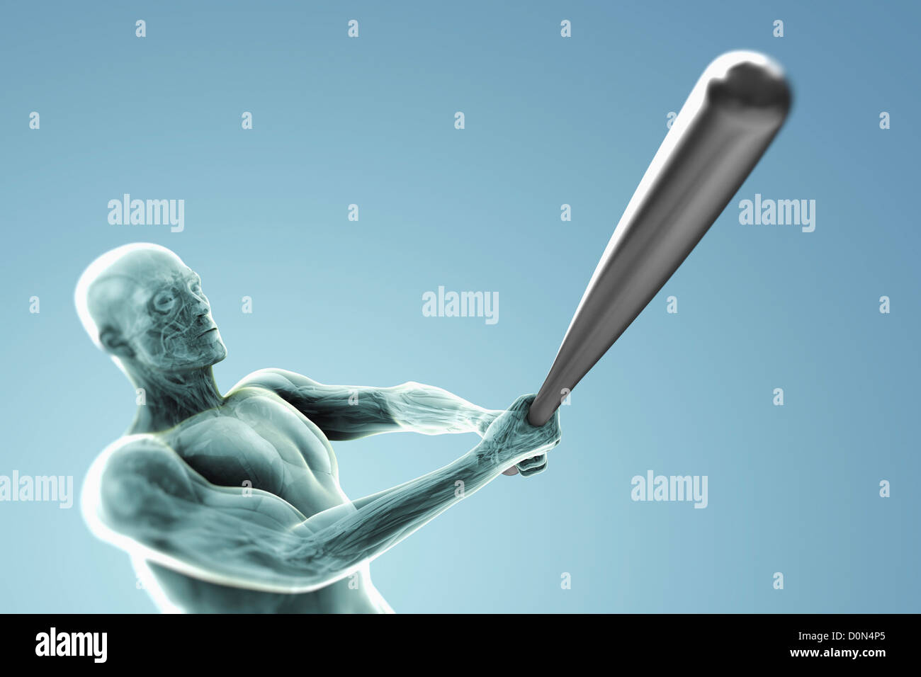 La figure masculine balancer une batte de baseball. L'anatomie interne est visible dans l'organisme. Banque D'Images