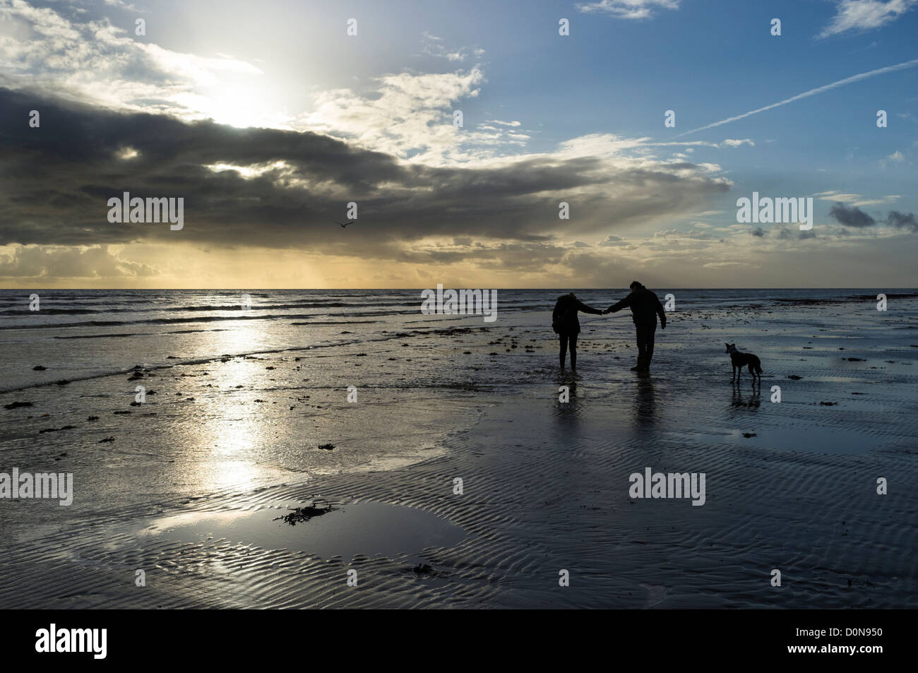 Un couple marche main dans la main sur le bord de la mer avec leur chien de compagnie sous un ciel orageux. Banque D'Images