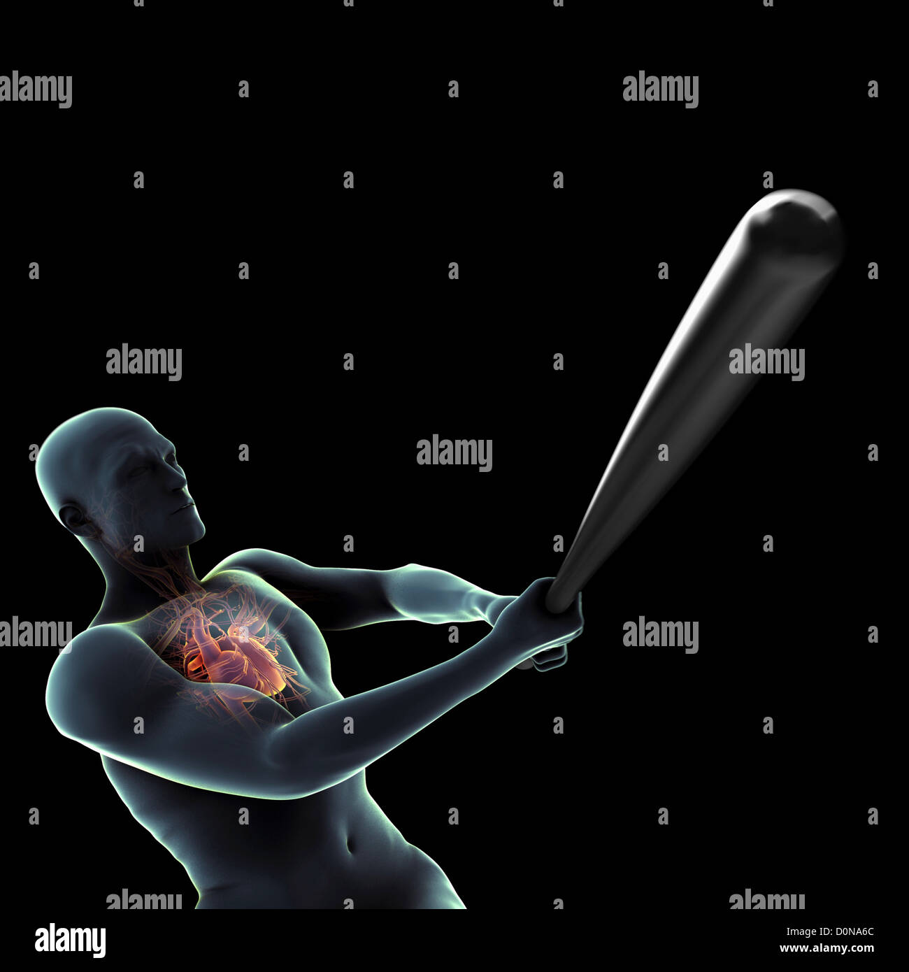 La figure masculine balancer une batte de baseball. L'anatomie interne du cœur est visible dans le corps. Banque D'Images