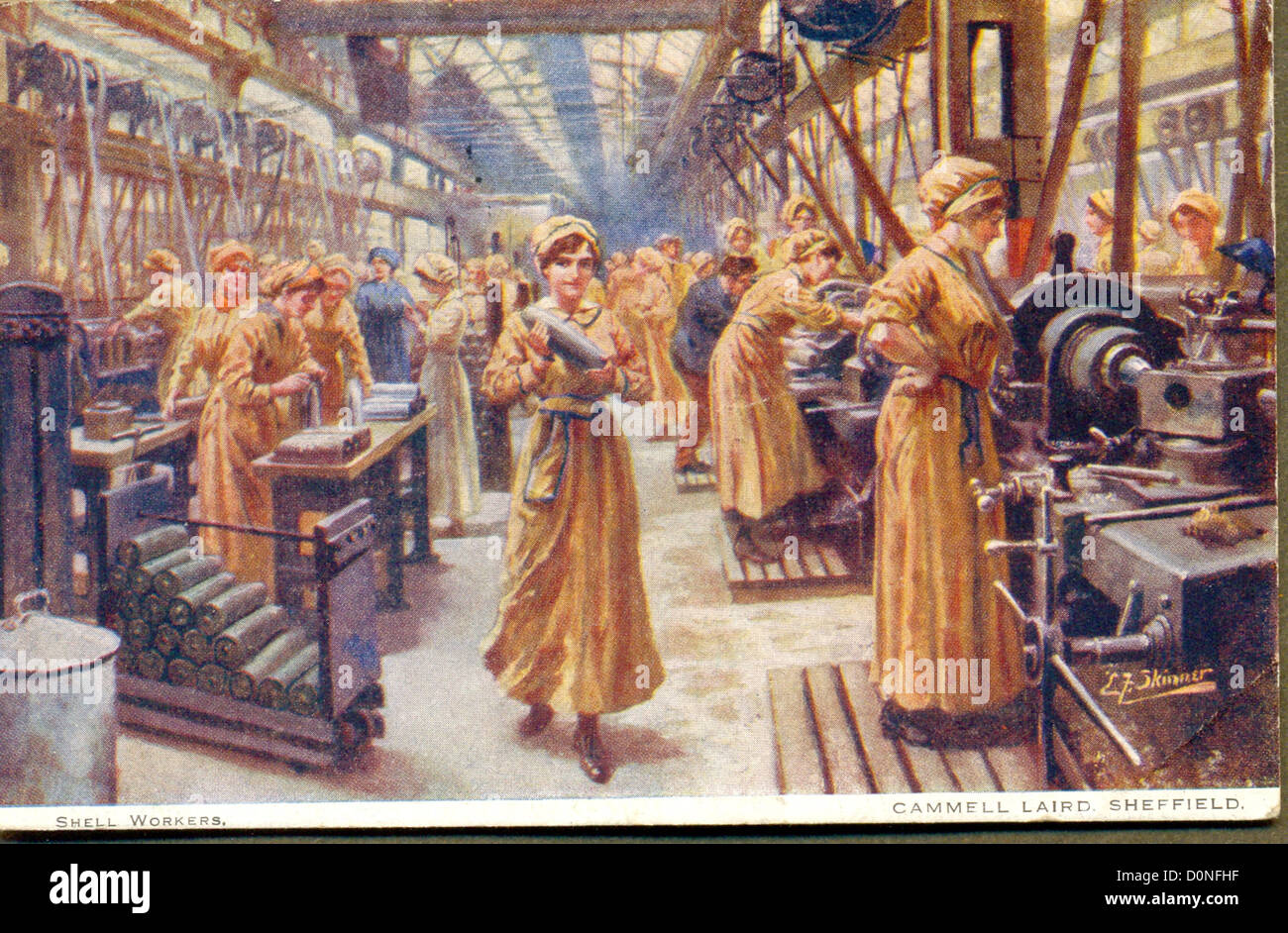 Carte postale de la Première Guerre mondiale, les travailleurs de shell dans la région de Cammell Laird factory Banque D'Images