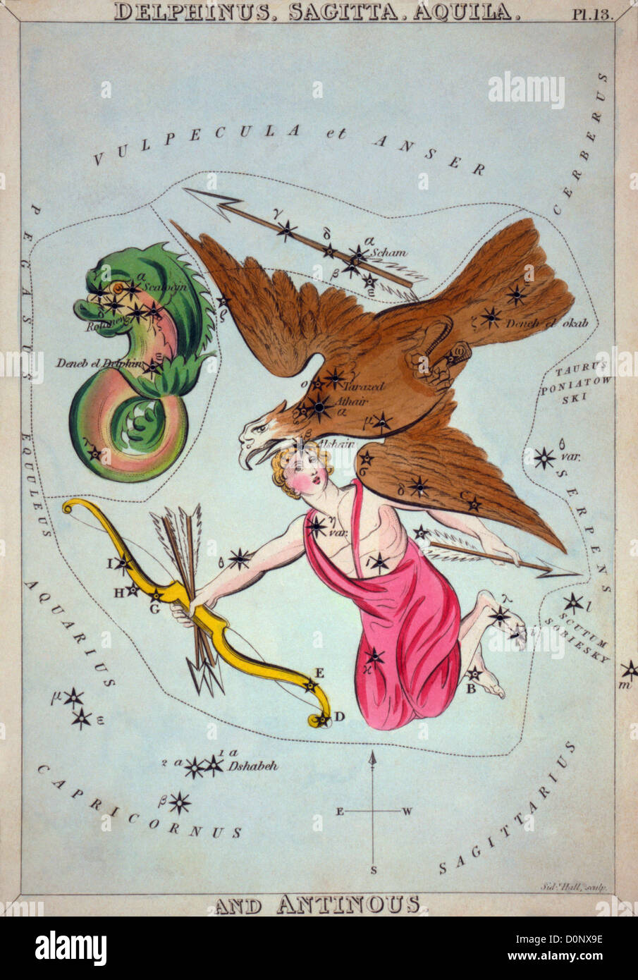 Carte de la constellation d'Aquila et de constellations environnantes Banque D'Images
