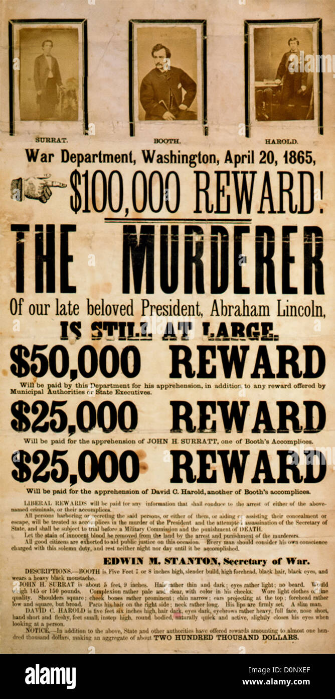 Avis de recherche de John Wilkes Booth et Co-Conspirators Banque D'Images