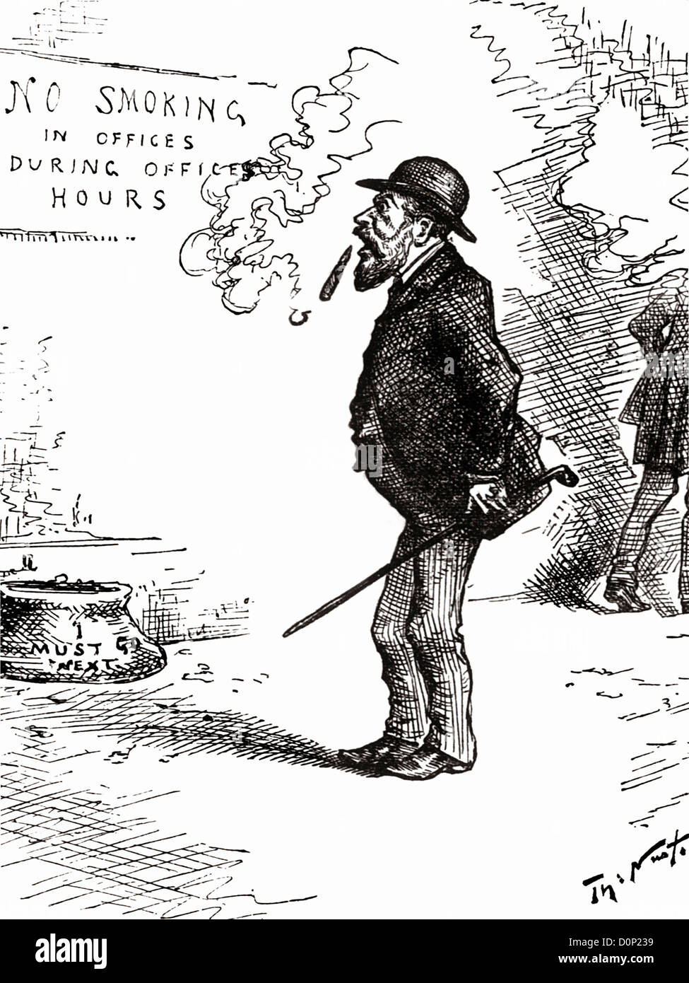 Un dessin de Harper's Weekly vers 1890 grand dessinateur américain Thomas Nast montre office worker dont les fumeurs cigare est retombante. Banque D'Images