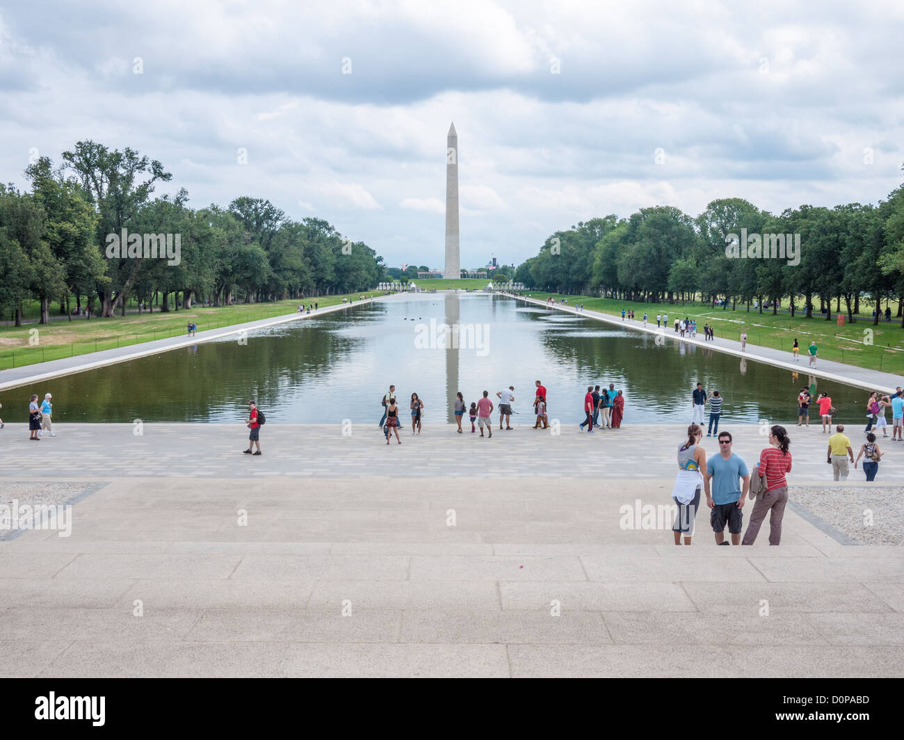 WASHINGTON DC, USA - Les touristes sur l'hôtel récemment rénové, le Lincoln Memorial Reflecting Pool sur le National Mall à Washington DC. Banque D'Images