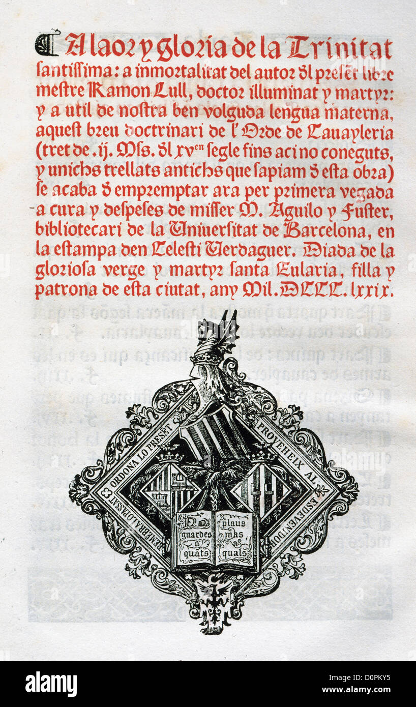 Raymond Lulle (1235-1316). L'écrivain et philosophe espagnol. Réserve de cavalerie. Manuscrit, 15ème siècle. Colophon et anagram. Banque D'Images
