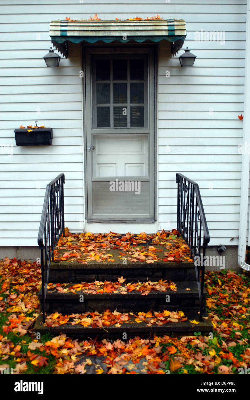 Feuilles d'automne sur l'avant de l'escalier d'une maison. Banque D'Images