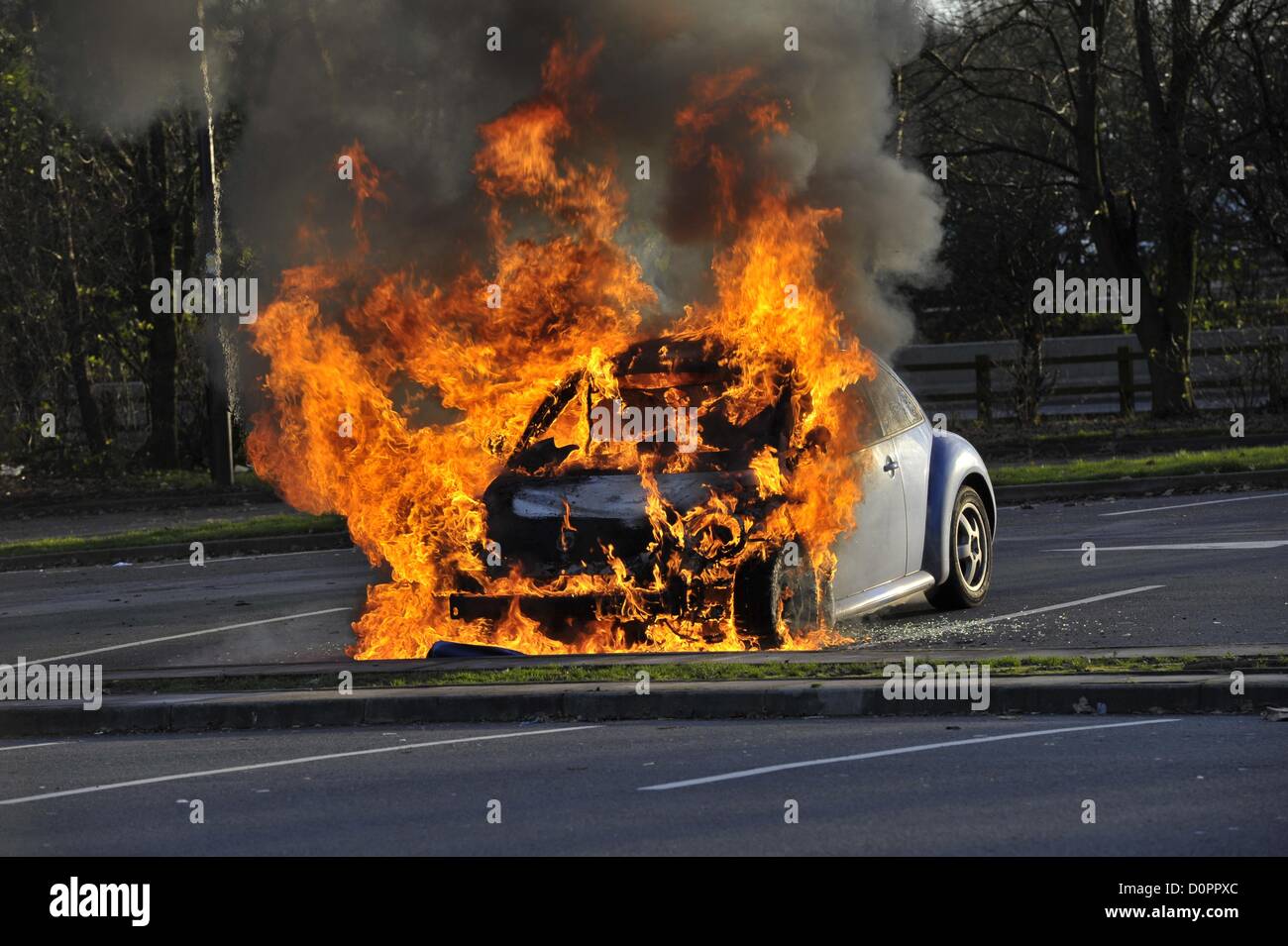 Un feu de voiture, par les services d'incendie et de secours. Les pompiers finalement réprimée les flammes.Newbury, au Royaume-Uni. 29 novembre 2012. De retour de vacances, un jeune couple a vu qu'il n'y a pas de fumée sans feu. Le service d'incendie était sur les lieux rapidement et personne n'a été blessé.. Credit : Nick Twinney / Alamy Live News Banque D'Images