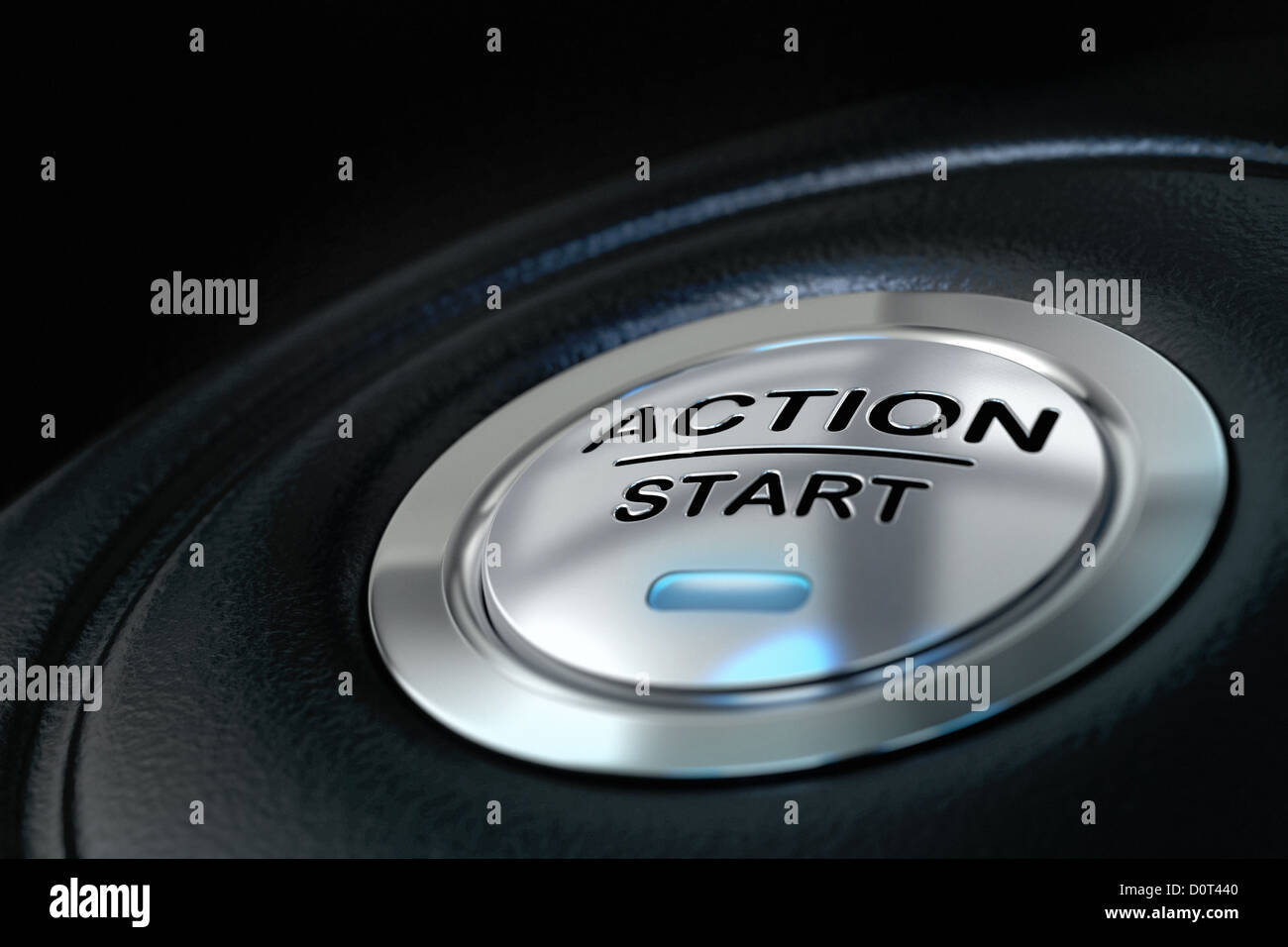 Action sur le bouton de démarrage enfoncé fond noir, bleu lumière, concept de motivation Banque D'Images