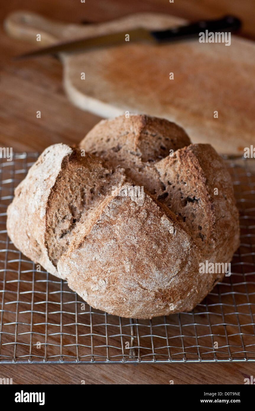 Irish soda bread sur une grille de refroidissement avec une planche à découper et couteau à pain. Banque D'Images