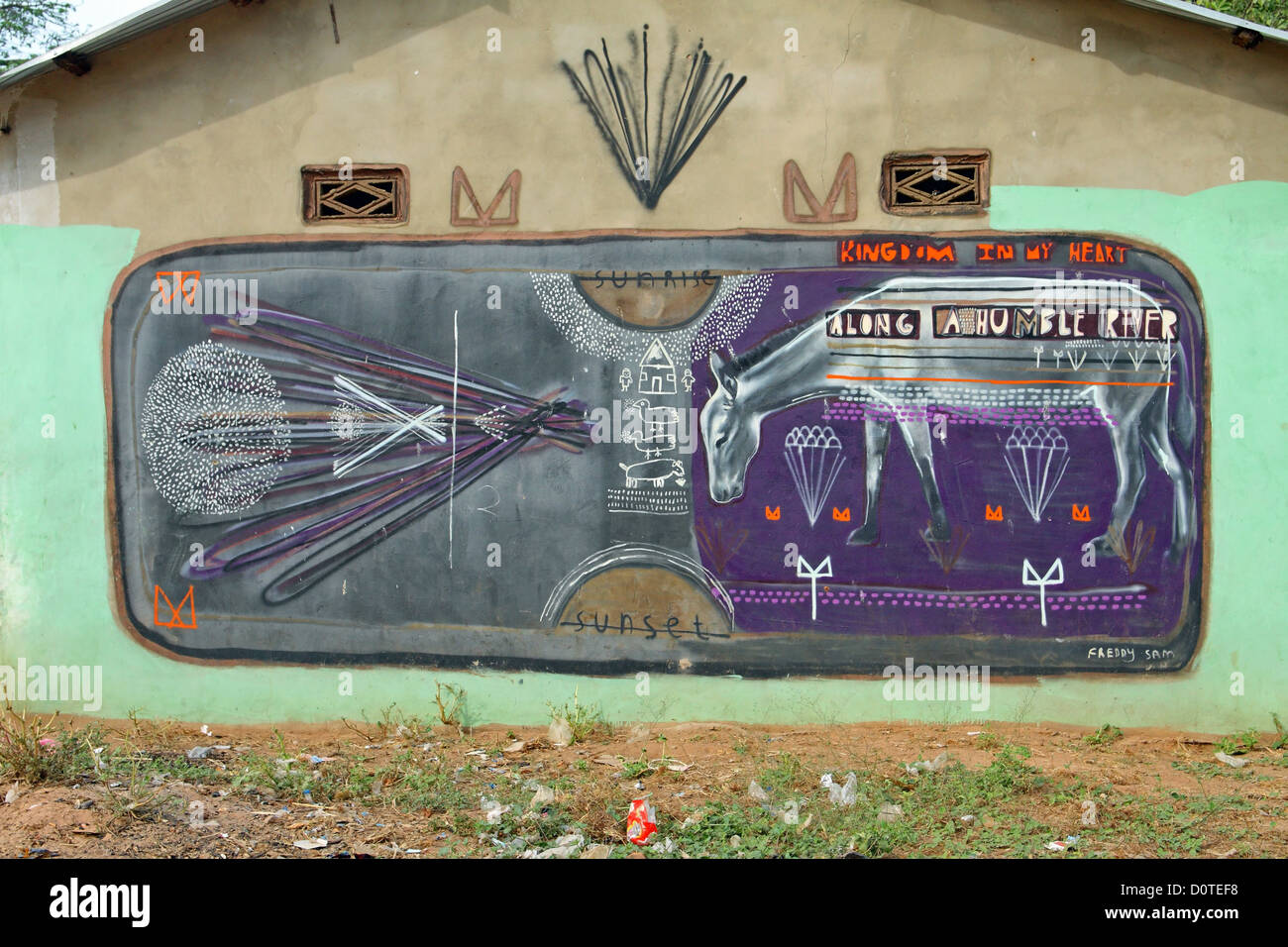 Peinture murale du Wide Open Walls village d'art projet, Kubuneh, près de Brikama, Gambie Banque D'Images
