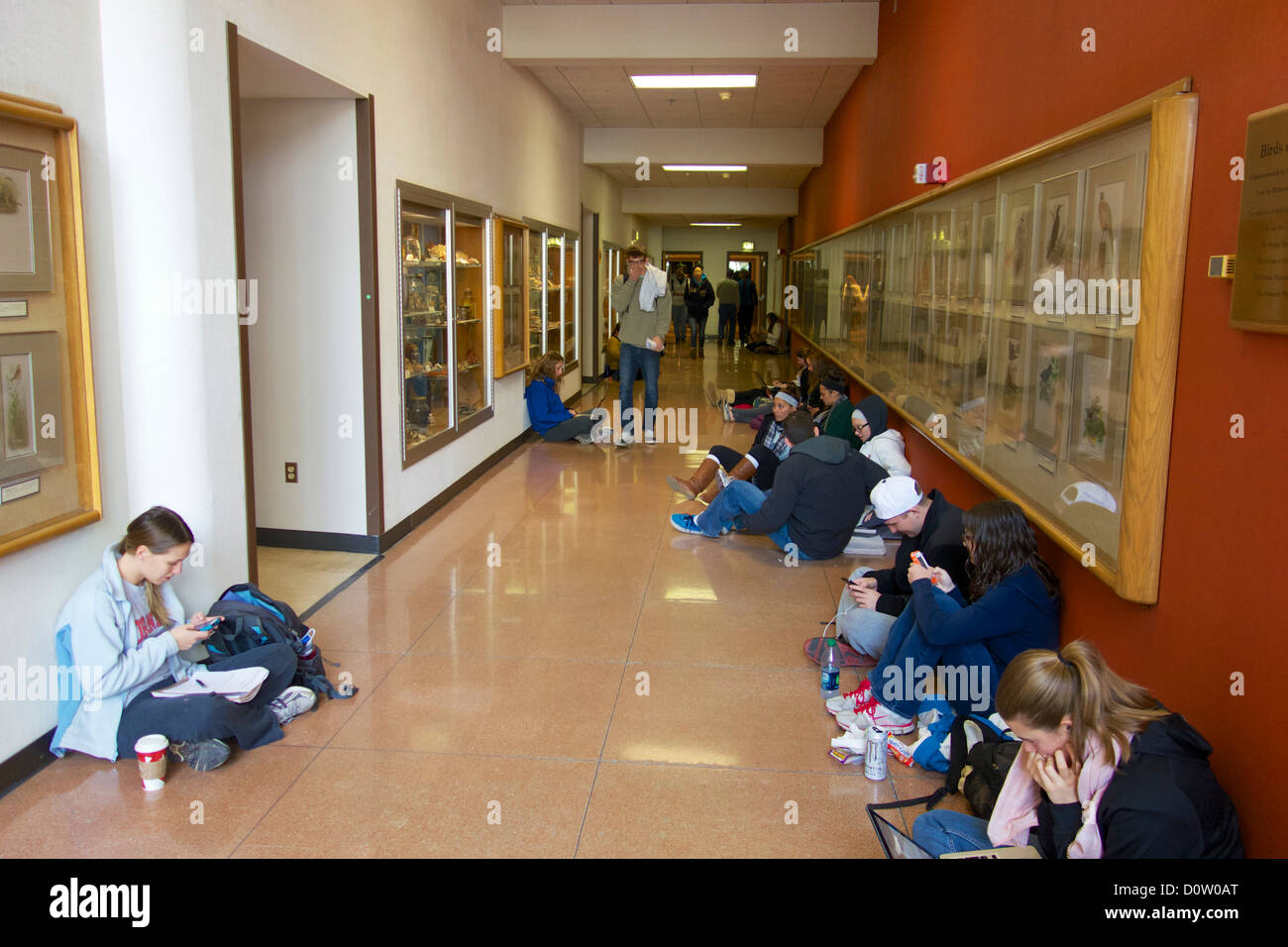 Les élèves du collège s'asseoir dans le couloir au Jordan Hall entre les classes. L'Université de l'Indiana. Banque D'Images