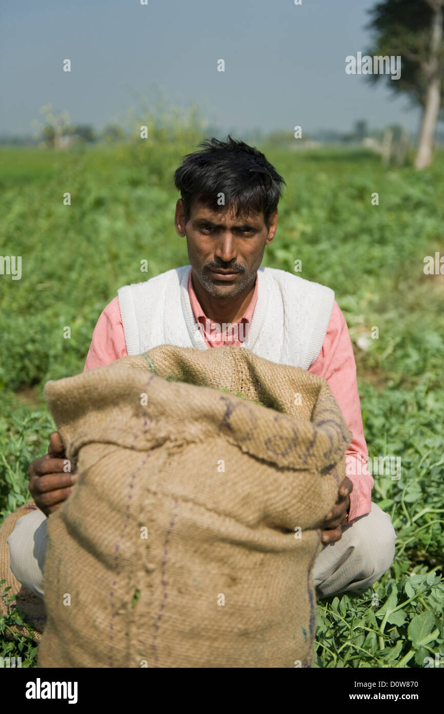 Homme assis dans un champ avec un sac, Farrukh Nagar, Gurgaon, Haryana, Inde Banque D'Images