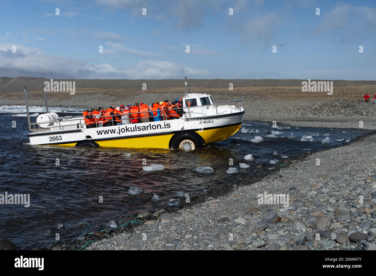 Bateau amphibie pour visiter le lac Jokulsarlon laisser de l'eau, de l'Islande Banque D'Images