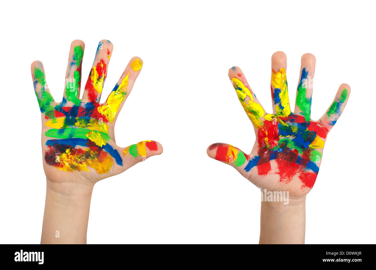 Les mains des enfants peints avec de la peinture colorée. Isolé blanc Banque D'Images