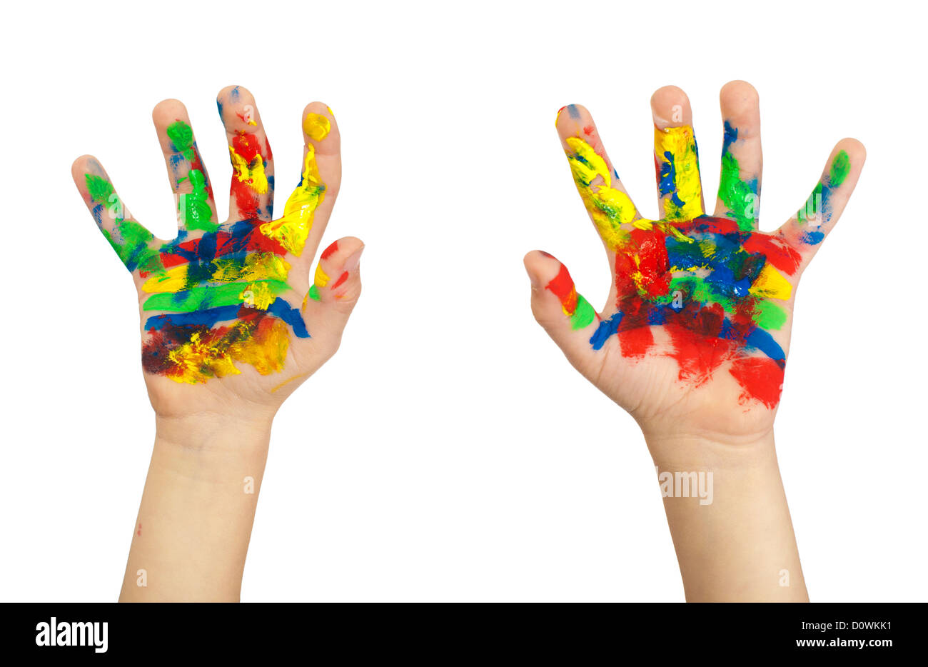 Les mains des enfants peints avec de la peinture colorée. Isolé blanc Banque D'Images