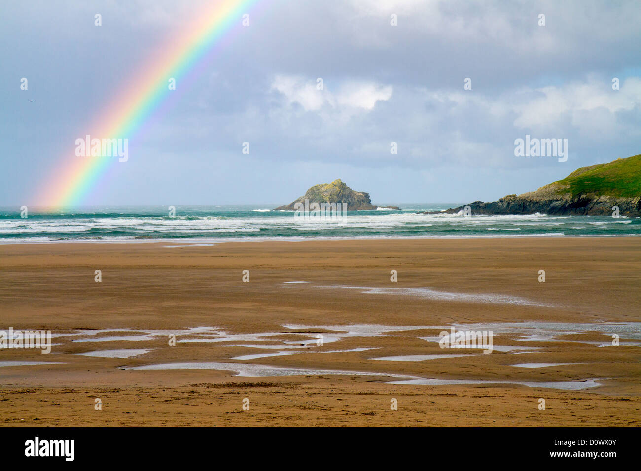 Crantock Beach Cornwall Angleterre avec Rainbow UK Banque D'Images