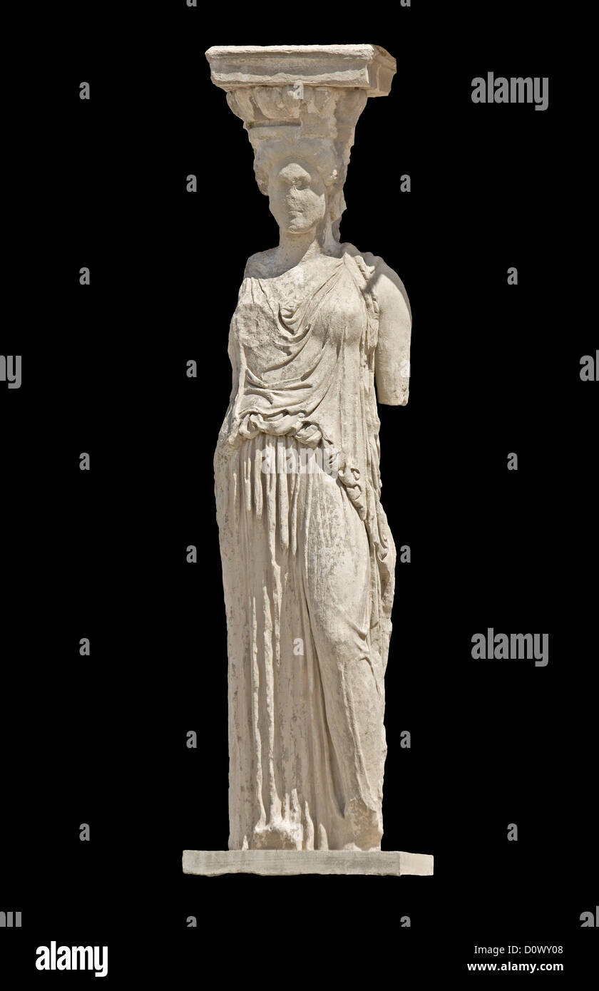 Statue antique grecque à Cariatides de l'Erechtheion édifice à l'acropole d'Athènes en Grèce. Banque D'Images