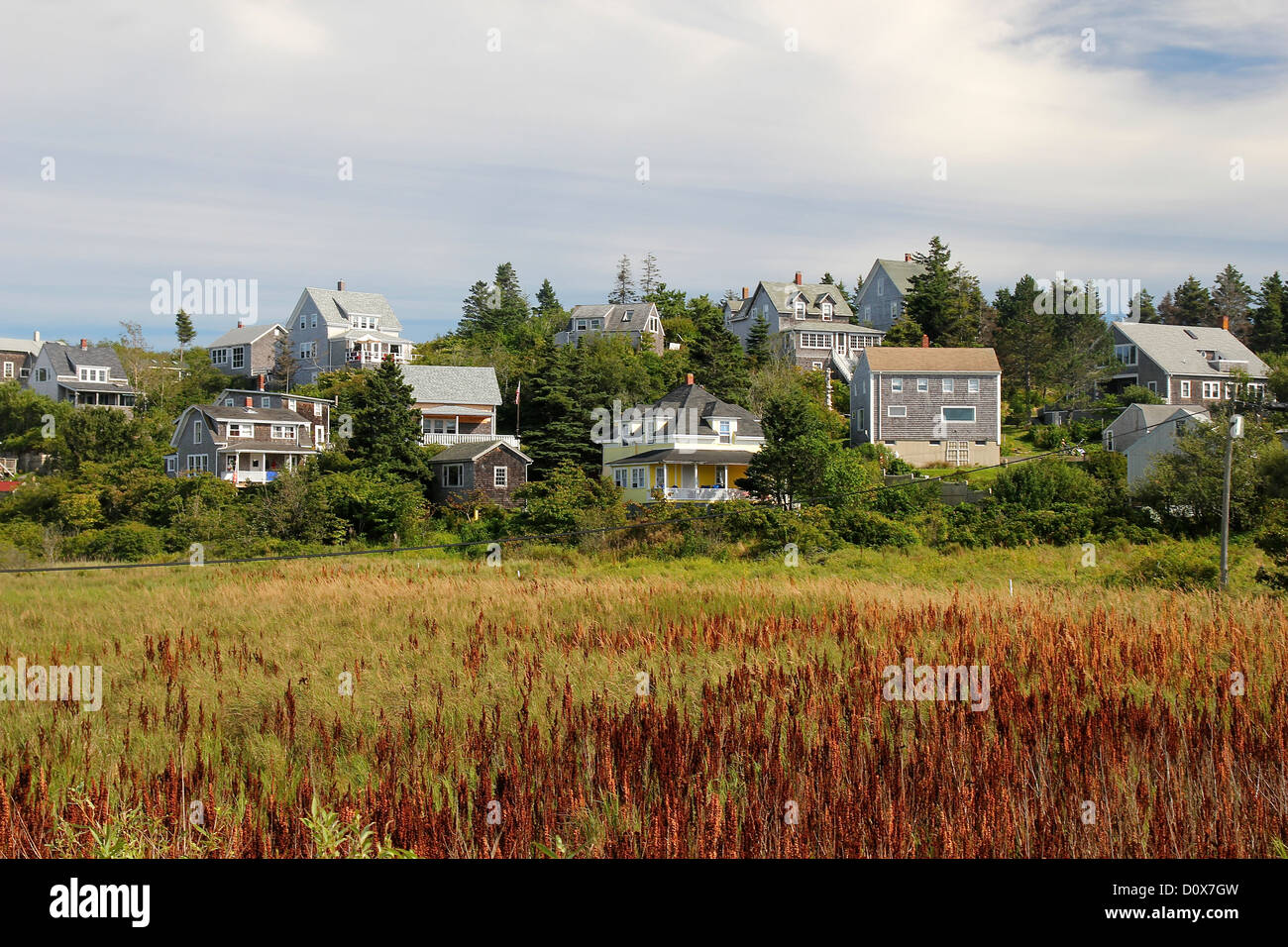 Surplombant les maisons des terres humides sur l'île Monhegan, Maine Banque D'Images