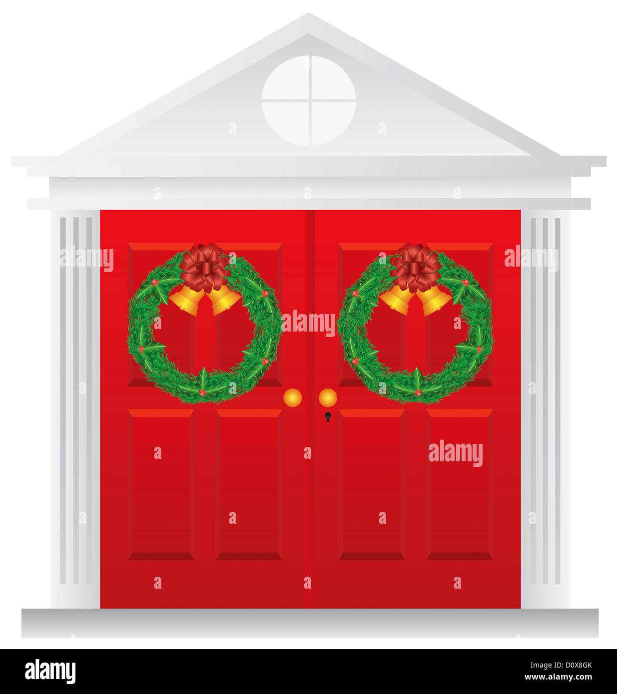 Couronne de Noël avec des clochettes d'or suspendu à une porte rouge double avec attributs Illustration Banque D'Images
