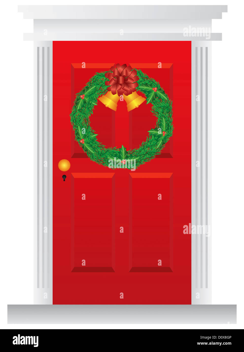 Couronne de Noël avec des clochettes d'or accroché sur la porte rouge avec attributs Illustration Banque D'Images