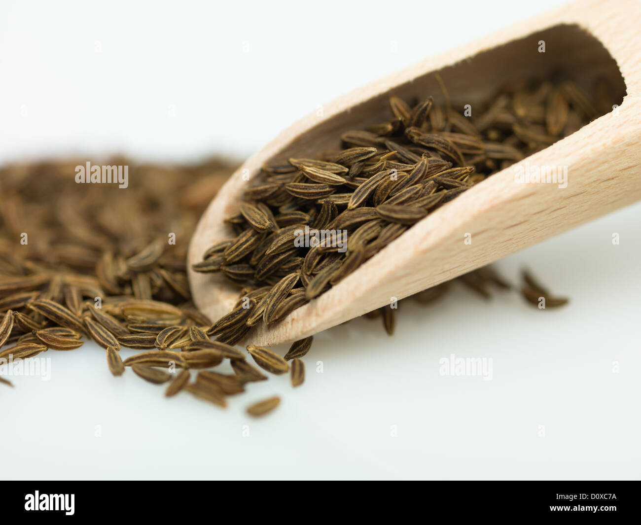 Cuillère en bois cumin sur fond blanc Banque D'Images