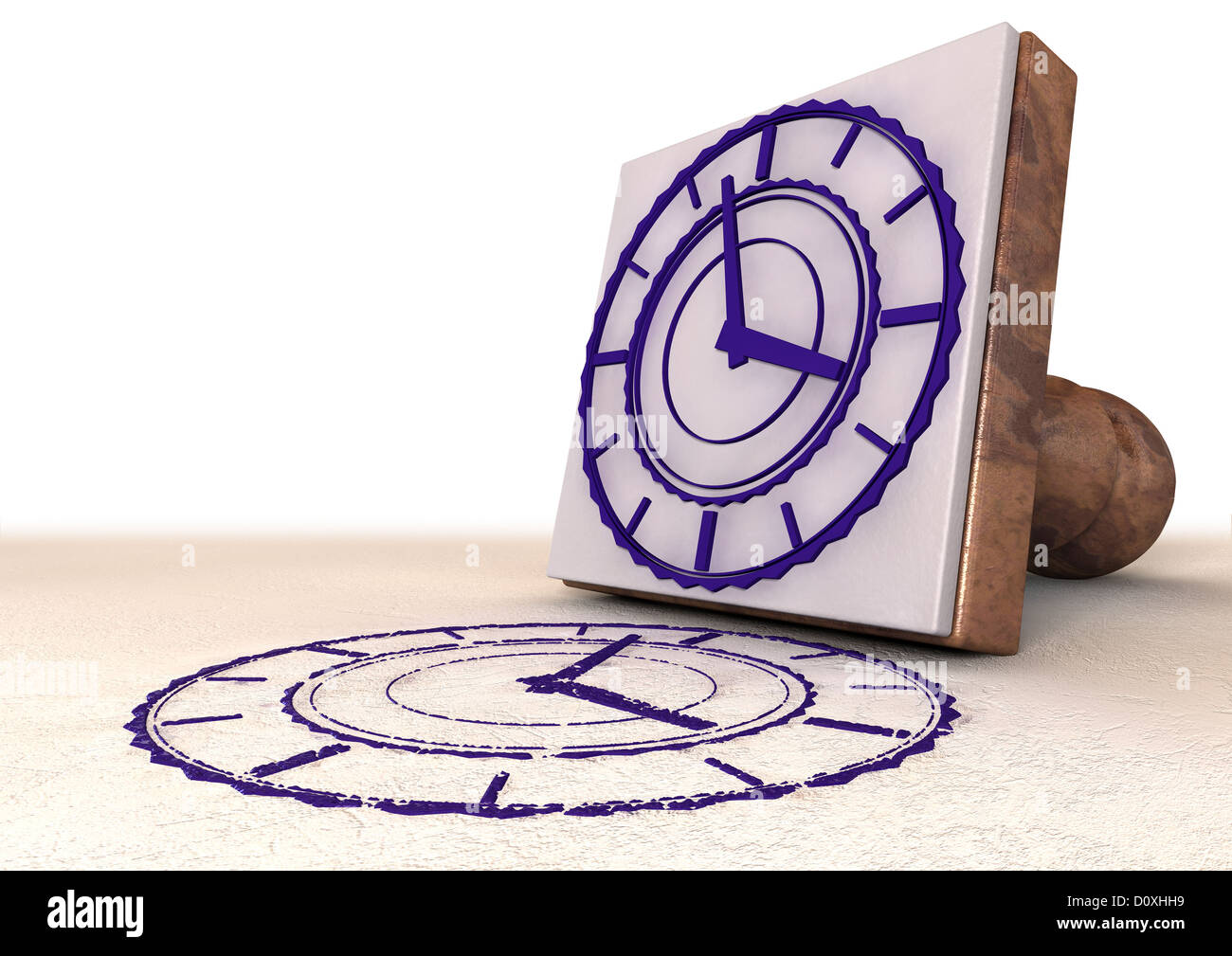Un timbre en caoutchouc extrudé avec une horloge et une empreinte d'un cachet dans encre violette sur un fond isolé Banque D'Images