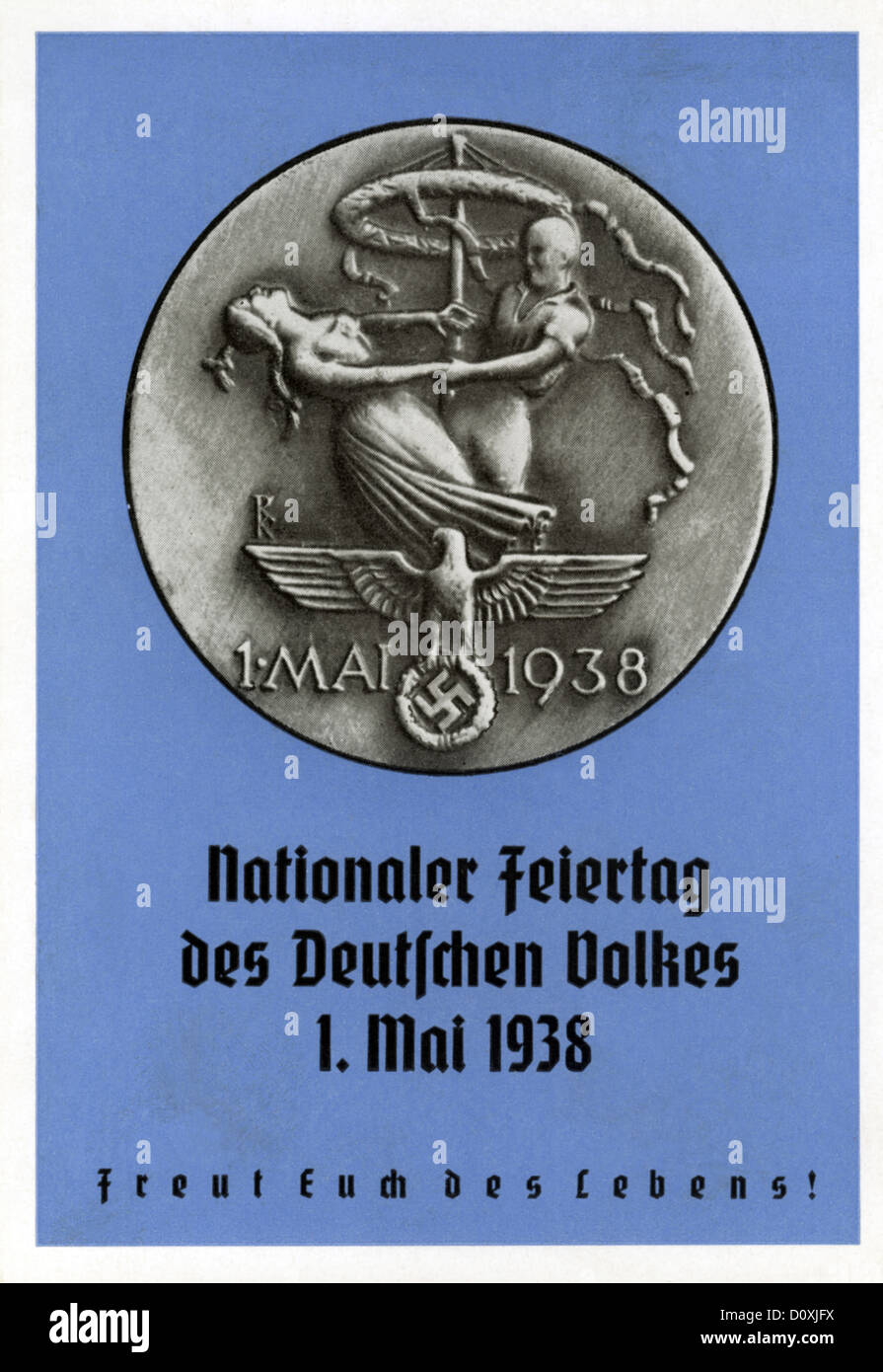 1938, mai, Jour de fête nationale, l'allemand, carte postale, couple, maypole, l'aigle, la croix gammée, Troisième Reich, l'Allemagne, Banque D'Images