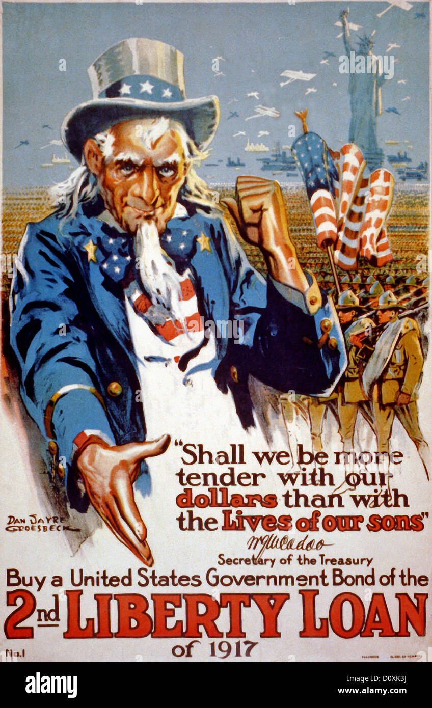 Aux Etats-Unis, la Première Guerre mondiale, American, affiche, l'Oncle Sam, troupes, Statue de la liberté, acheter, bond, de liberté, de prêt, USA, 1917, Banque D'Images