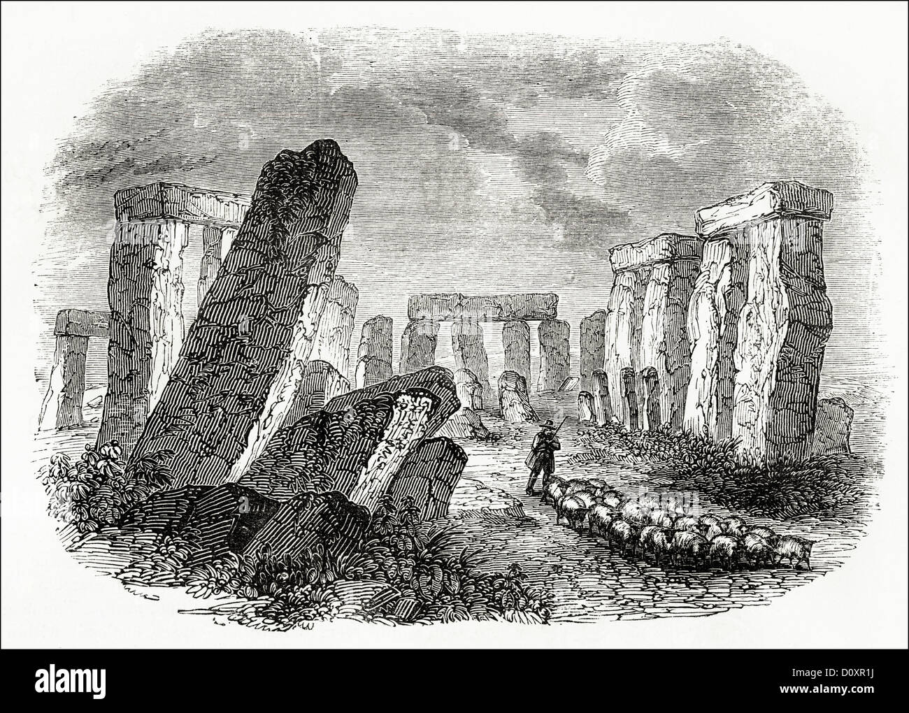 Gravure victorienne sur bois vers 1864 montrant Stonehenge avec berger et troupeau de moutons comme il était à cette date Banque D'Images