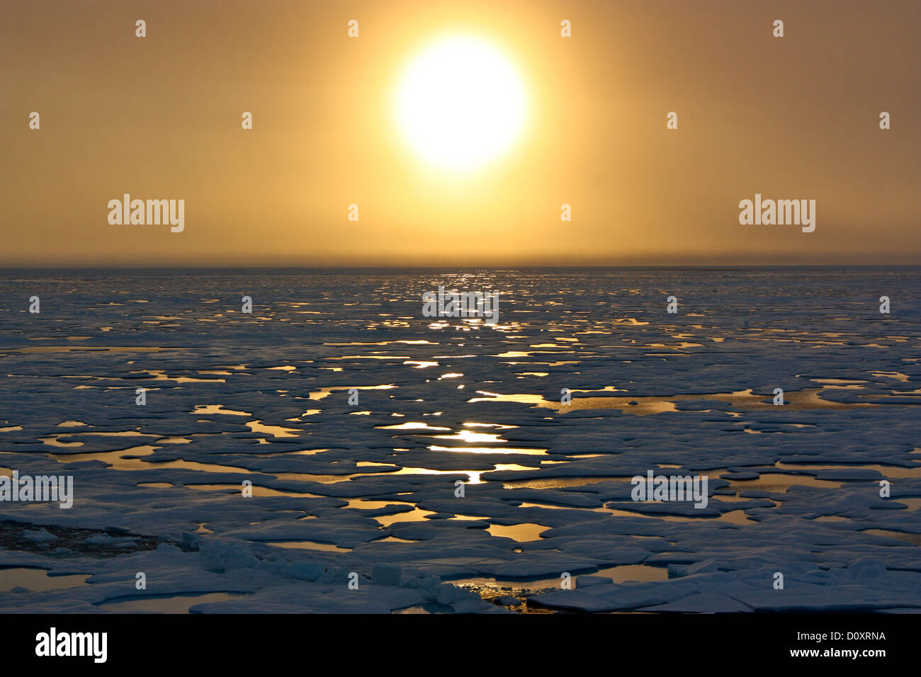 Coucher de soleil sur l'océan Arctique vu de l'US Coast Guard Cutter Healy stationné dans la banquise au cours de la recherche sur l'évolution des conditions dans l'Arctique le 6 juillet 2011 dans la mer de Chukchi. Banque D'Images