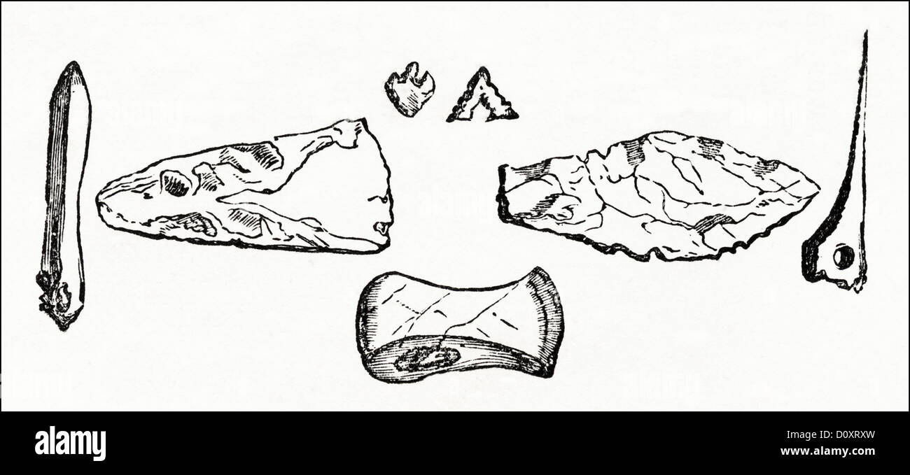 La gravure sur bois victorien circa 1864 l'âge de pierre avec pierre et les outils en os Banque D'Images