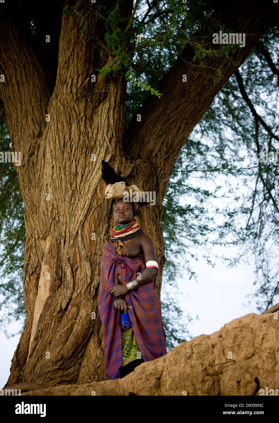 Tribu Nyangatom femme sous un arbre portant un sac sur sa tête, vallée de l'Omo, Ethiopie, Kangate Banque D'Images