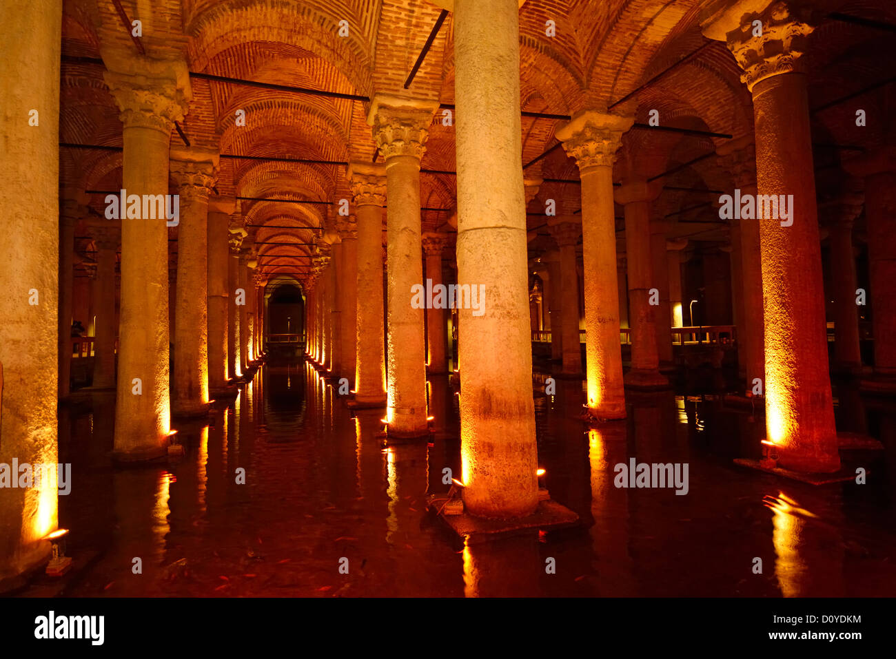 L'eau avec les poissons et en colonnes de la citerne basilique souterraine de Istanbul TURQUIE Banque D'Images