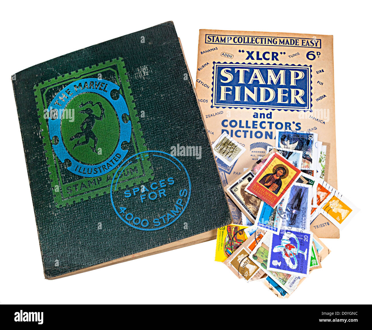 Album de timbres anciens avec la philatélie timbres lâche et guide, UK Banque D'Images