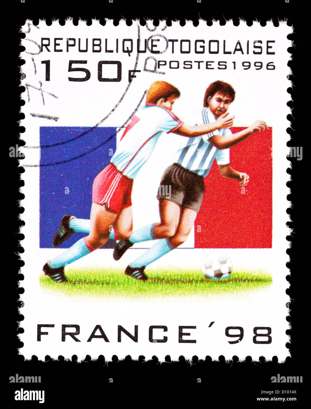 Timbre-poste du Togo représentant des joueurs de football, émis pour la Coupe du Monde de football 1998 en France. Banque D'Images