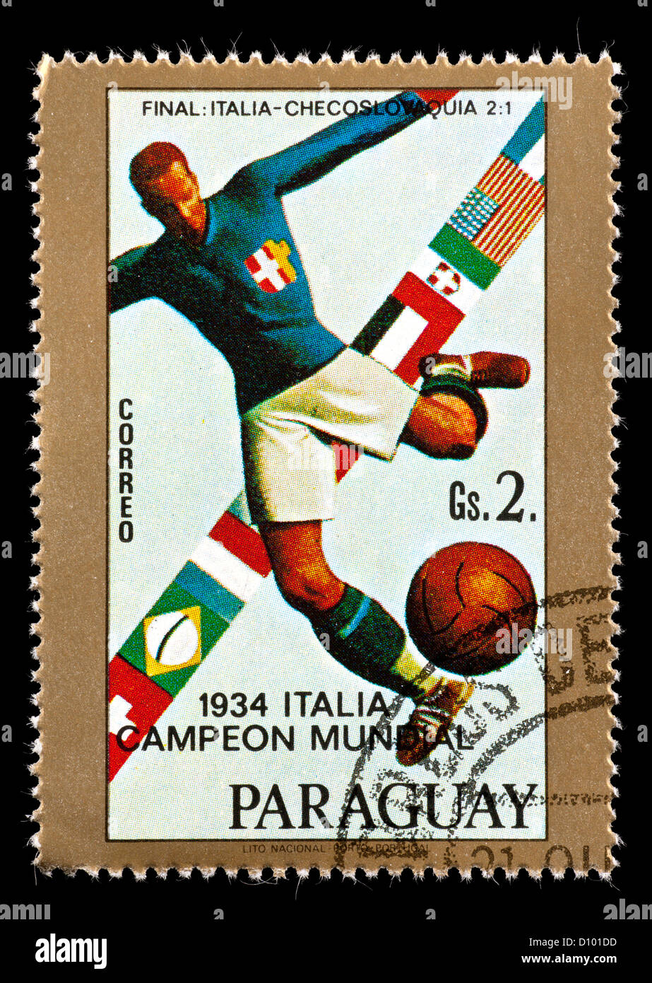 Timbre du Paraguay représentant un joueur de football. Banque D'Images