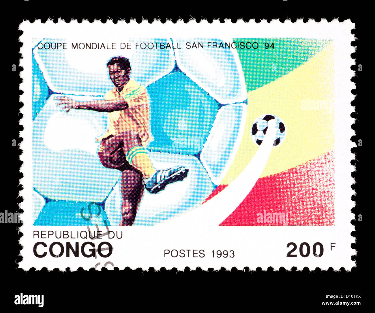Timbre-poste de Congo représentant représentant un joueur de football, émis pour la Coupe du Monde de Football 1994 aux États-Unis. Banque D'Images