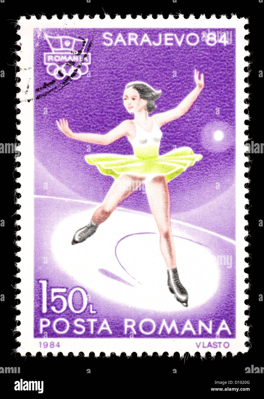 Timbre-poste de Roumanie représentant représentant une patineuse artistique, émis pour le 1984 Jeux Olympiques d'hiver de Sarajevo. Banque D'Images