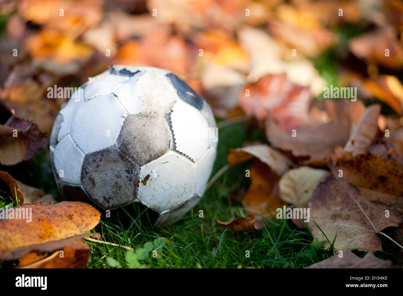 Ballon de football en cuir cassé abandonné entre les feuilles tombées Banque D'Images