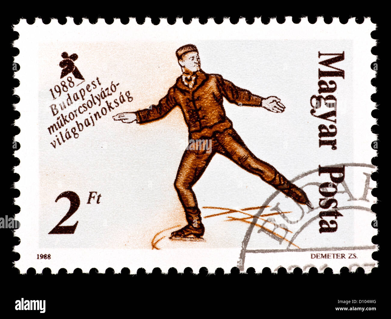 Timbre-poste de la Hongrie 19'e siècle représentant un homme, patineuse artistique, émis pour le championnats du monde de patinage artistique 1988. Banque D'Images
