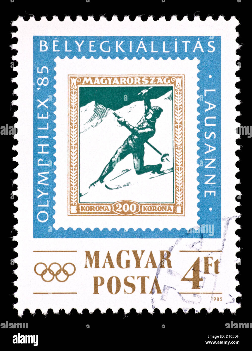 Timbre-poste de Hongrie représentant un timbre hongrois doté d''un skieur, émis pour OLYMPHILEX, 1985, Lausanne. Banque D'Images