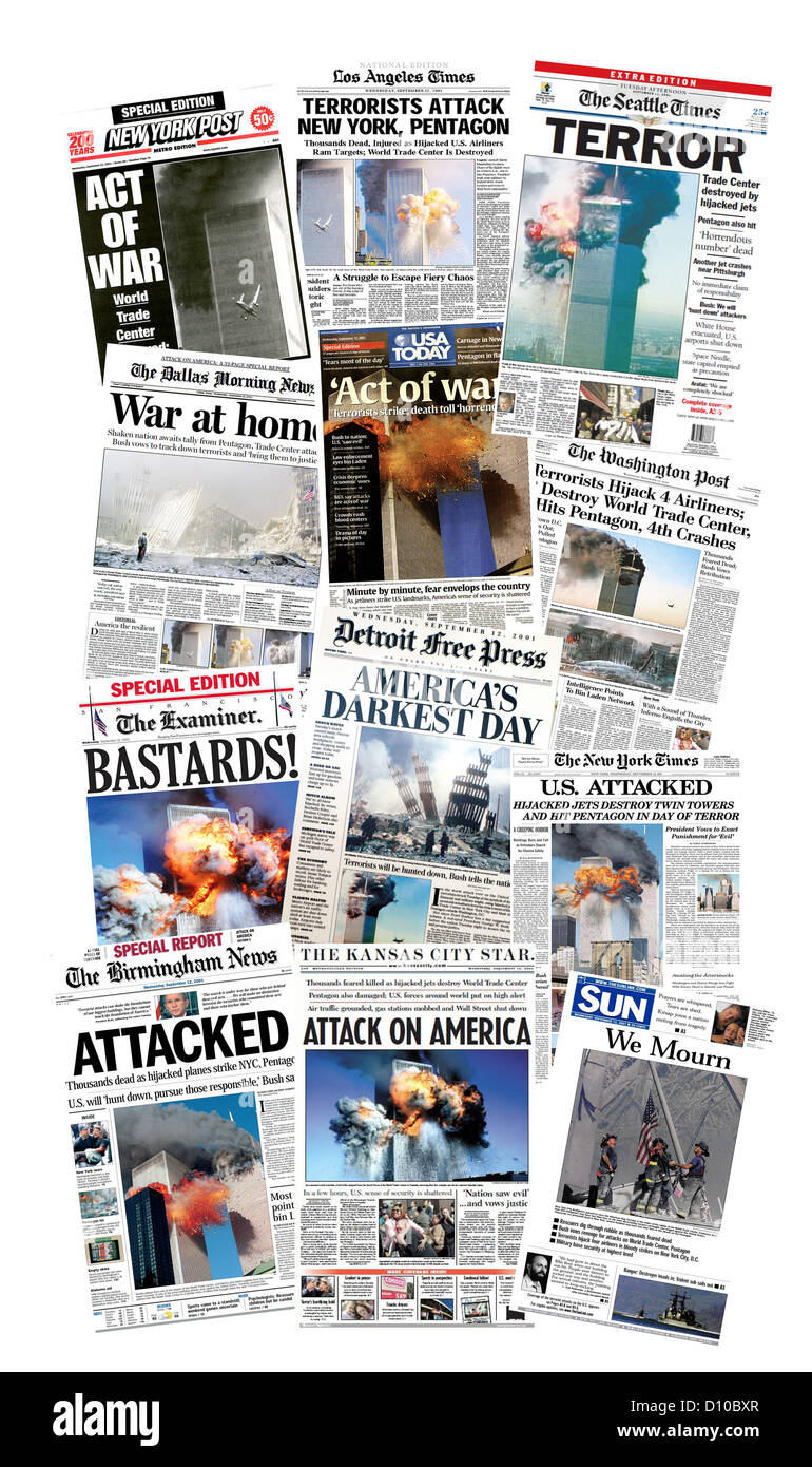 Une sélection de pages des journaux du 12 septembre 2001, le rapport sur les attaques terroristes aux USA. Banque D'Images