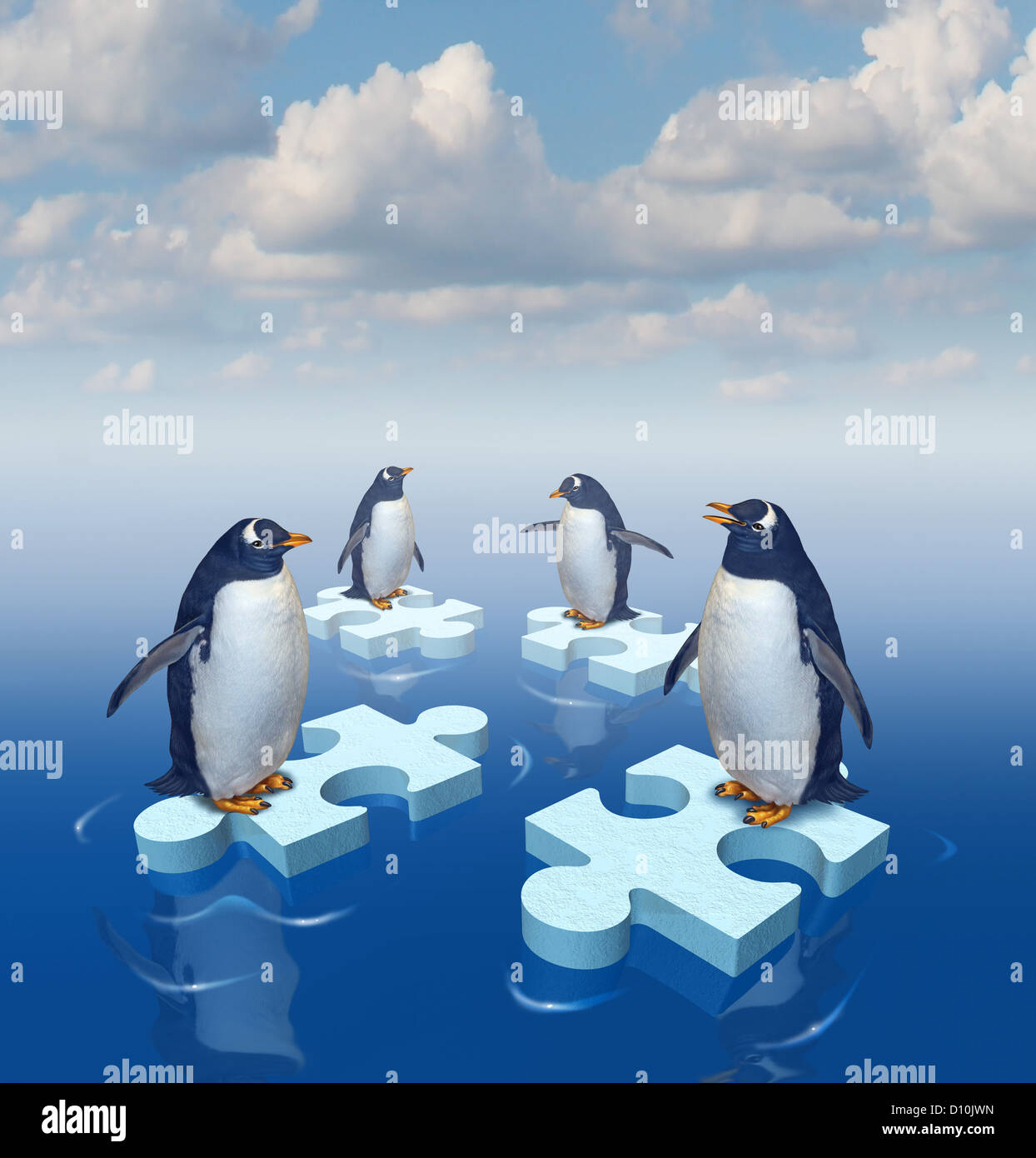 Rencontre avec un but commun pour réunir une équipe partenariat pour former un groupe fort avec quatre pingouins fusion ch flottante Banque D'Images