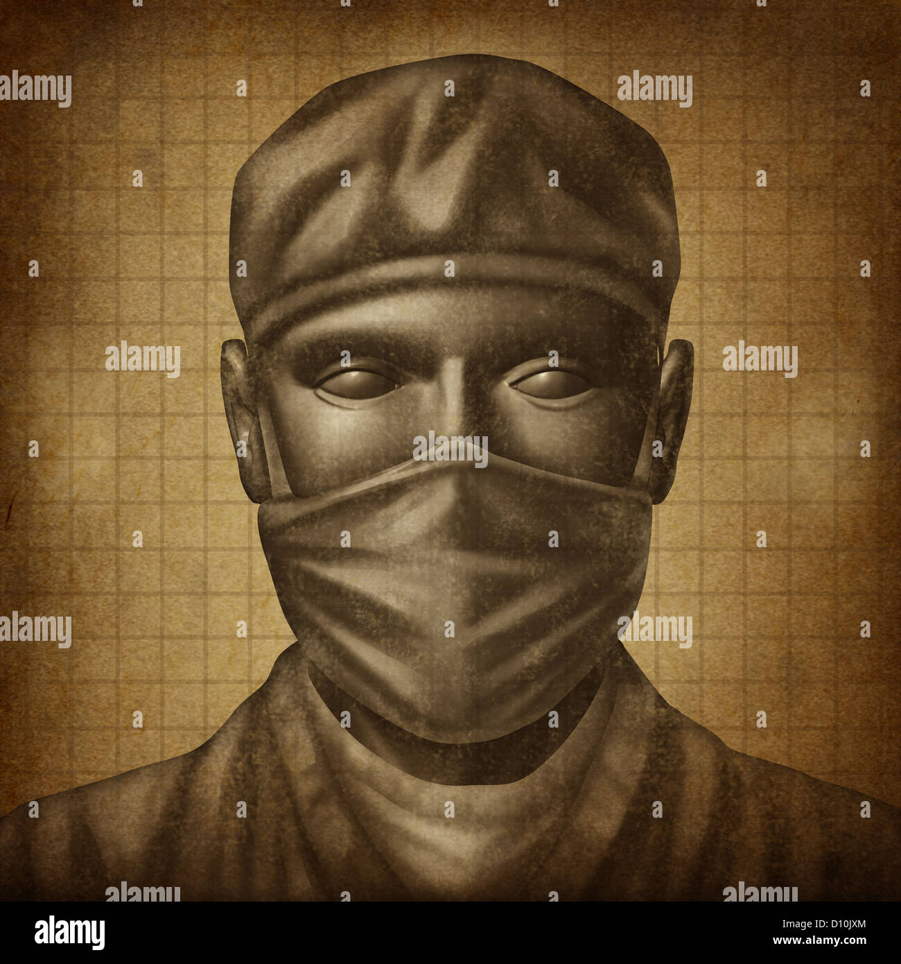 Médecin avec un masque chirurgical sur une vieille texture grunge comme un concept de soins de santé pour la chirurgie d'urgence médicale et le médecin spécialiste dans les services hospitaliers. Banque D'Images
